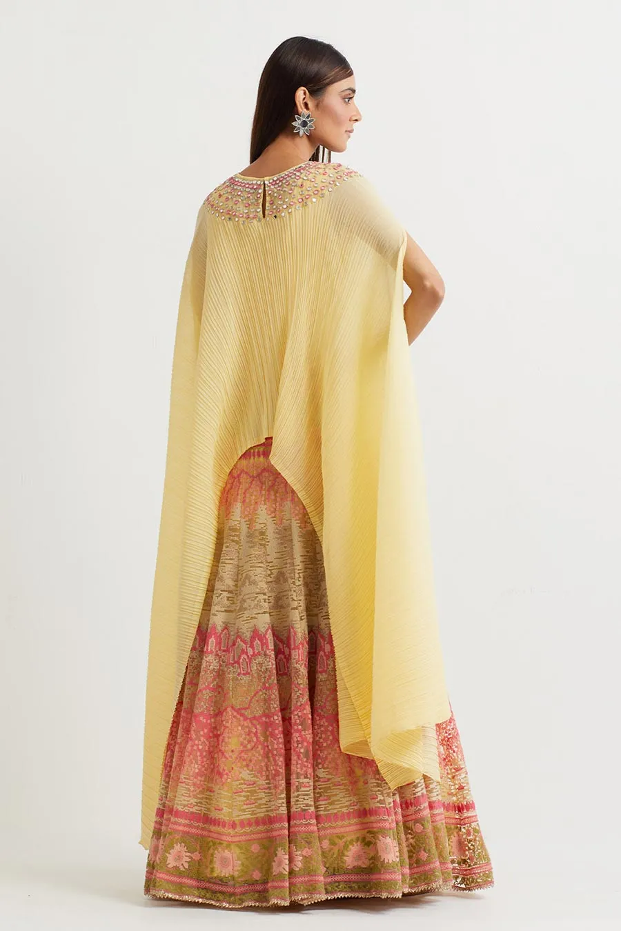 Yellow Embroidered Cape & Cross Stitch Skirt Set