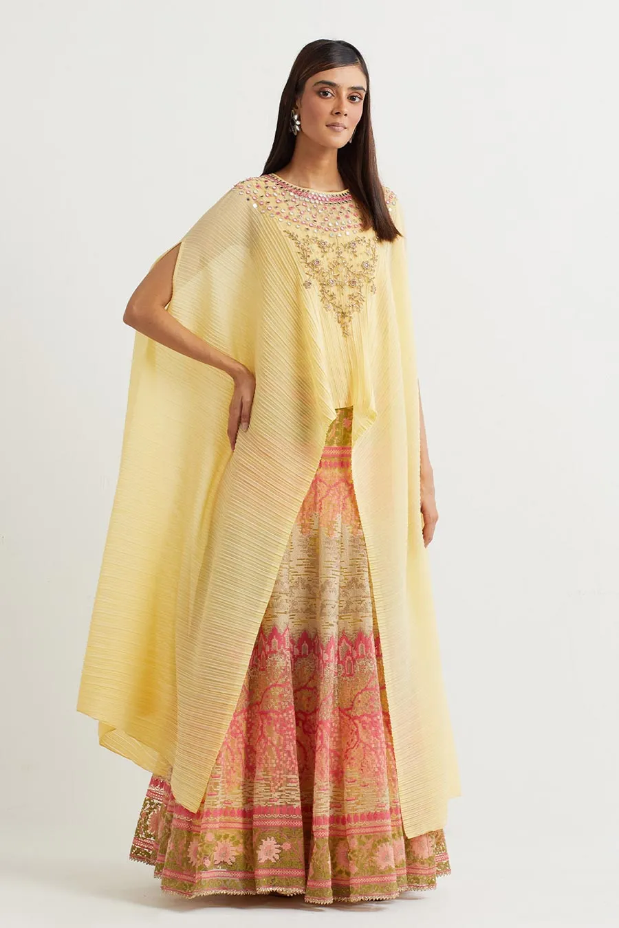 Yellow Embroidered Cape & Cross Stitch Skirt Set