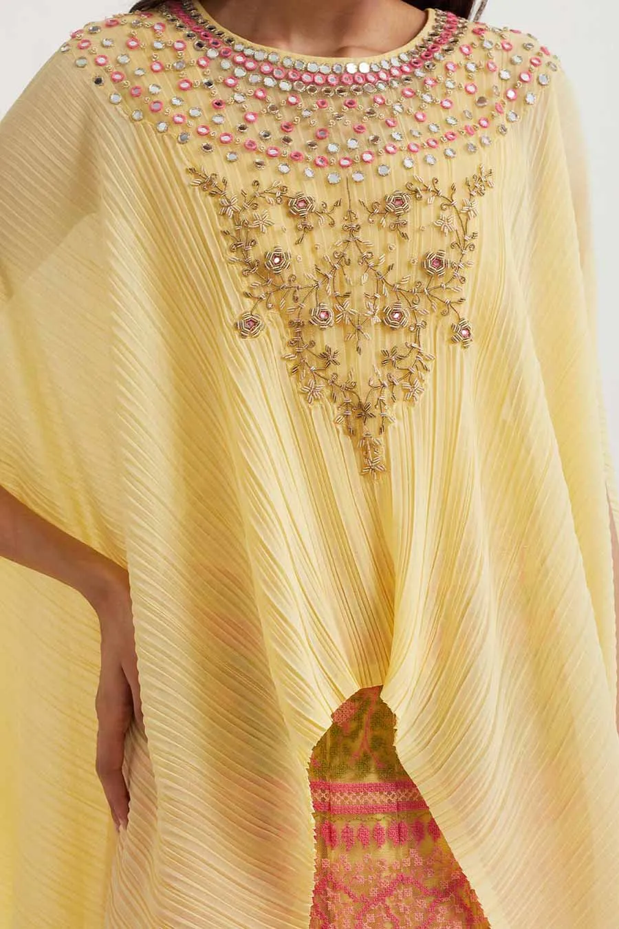Yellow Embroidered Cape & Cross Stitch Skirt Set