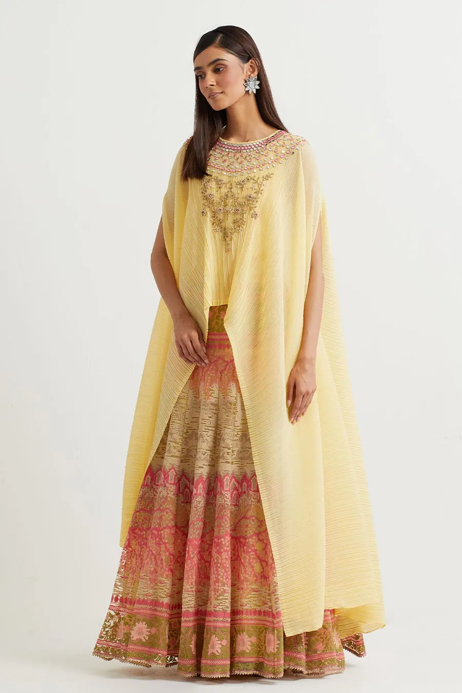 Yellow Embroidered Cape & Cross Stitch Skirt Set