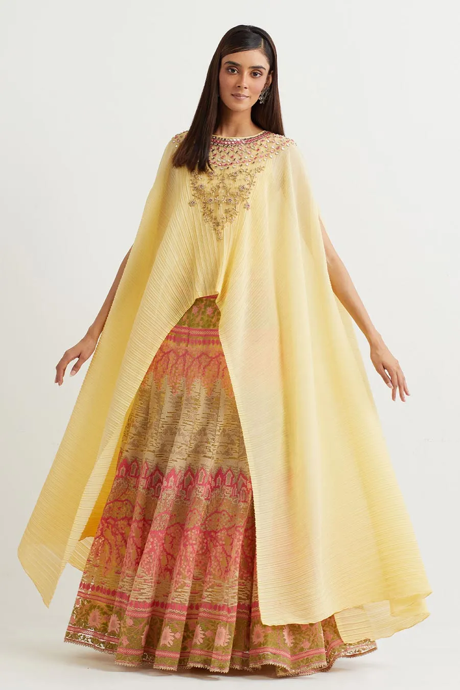 Yellow Embroidered Cape & Cross Stitch Skirt Set